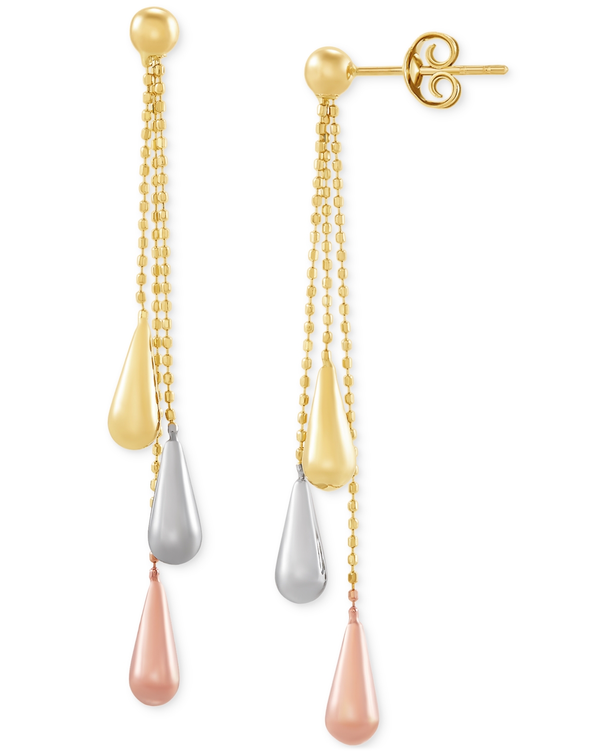 Tri-Gold Linear Drop Earrings in 14k Gold, White Gold and Rose Gold, 2 inch - Tri-Tone