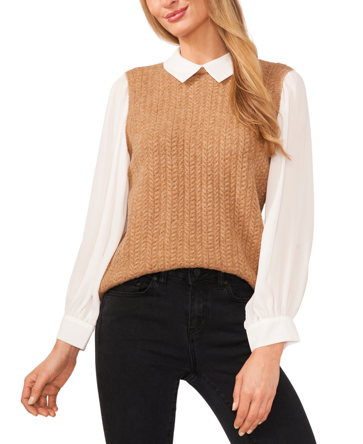 Cece Women's Peter-Pan Collar Pullover Long Sleeve Sweater, Rich Black, M