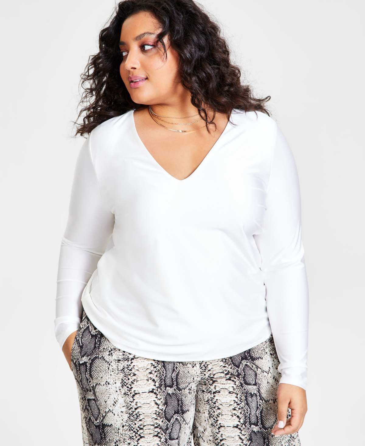 Bar Iii Plus Size V-neck Long-sleeve Shine Knit Top, Created For Macy's In Bright White