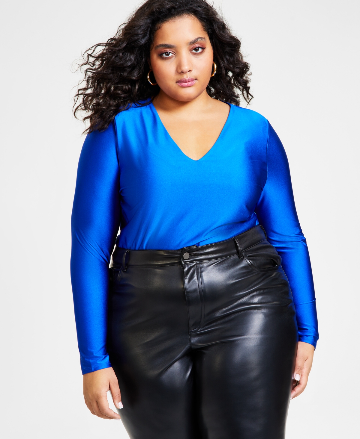 Bar Iii Plus Size V-neck Long-sleeve Shine Knit Top, Created For Macy's In Deep Cobal