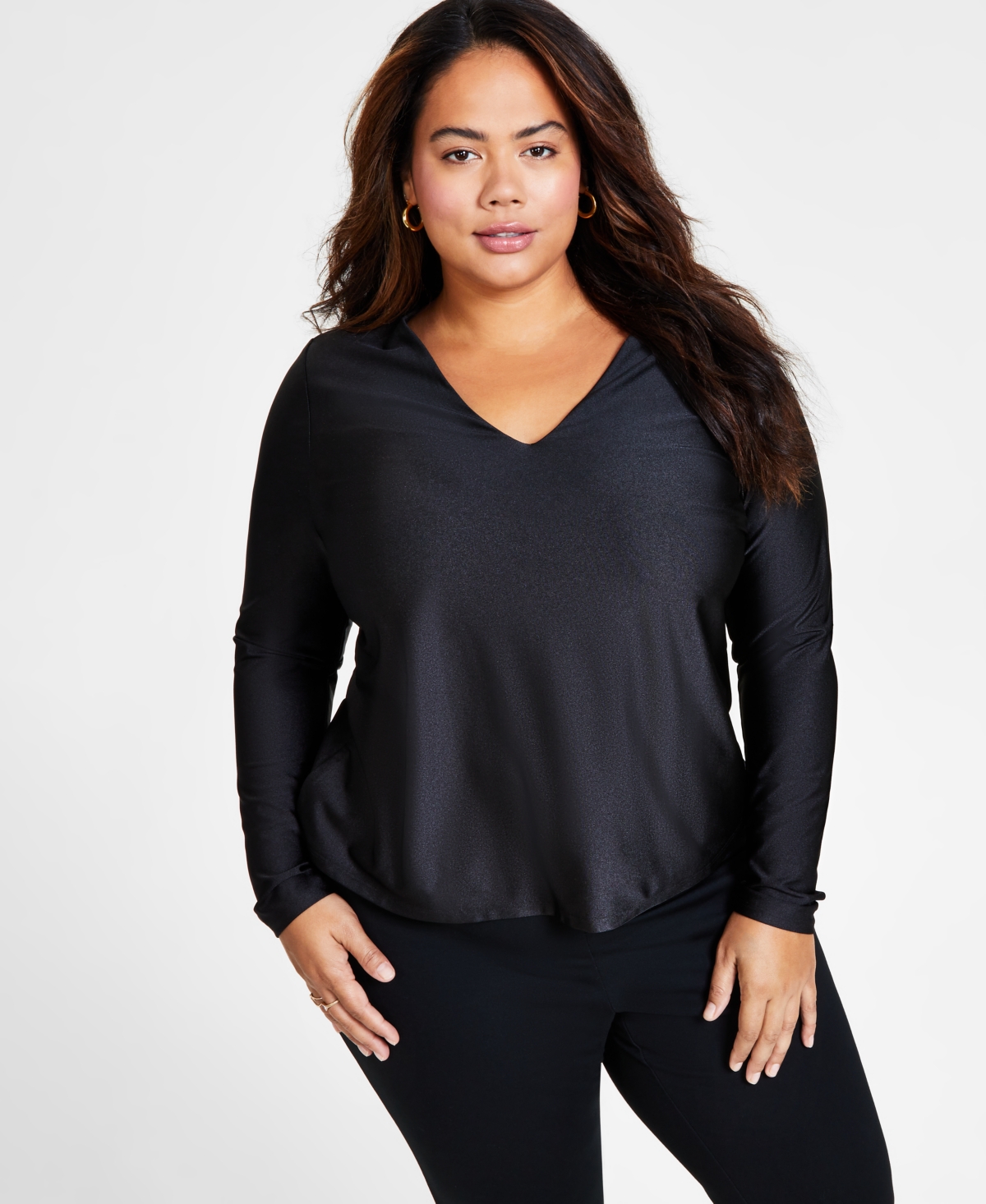 Bar Iii Plus Size V-neck Long-sleeve Shine Knit Top, Created For Macy's In Deep Black