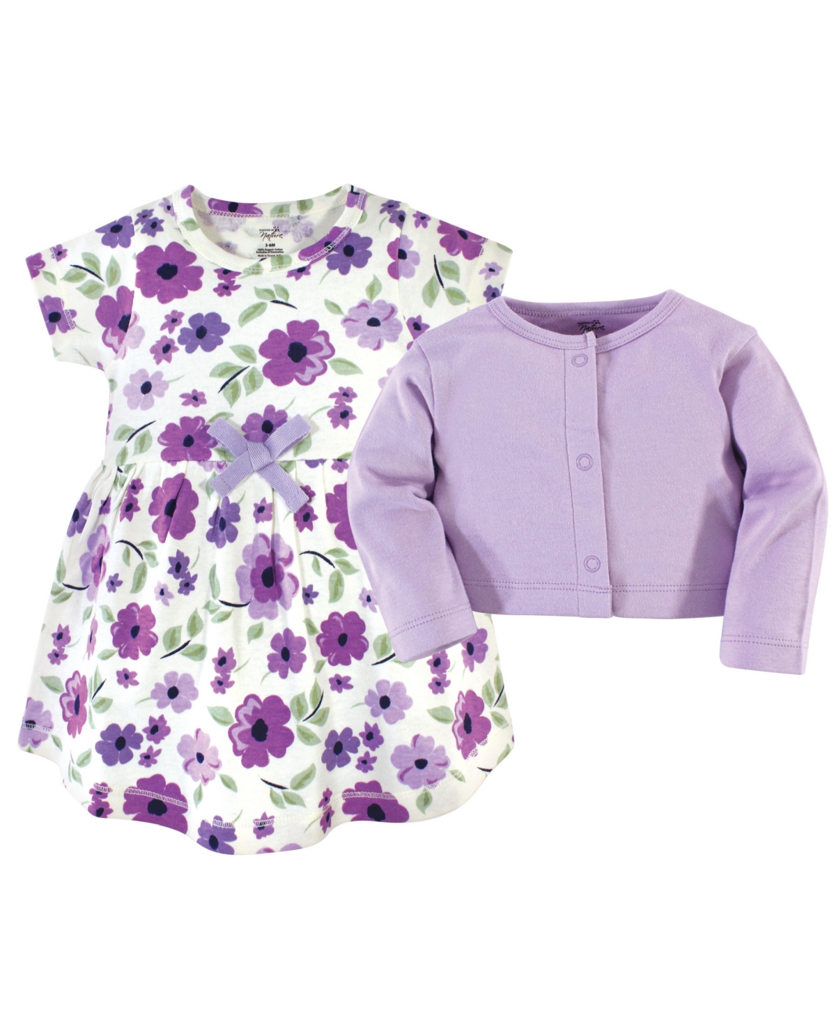 Touched by Nature Baby Girls Baby Organic Cotton Dress and Cardigan 2pc Set,- Purple garden