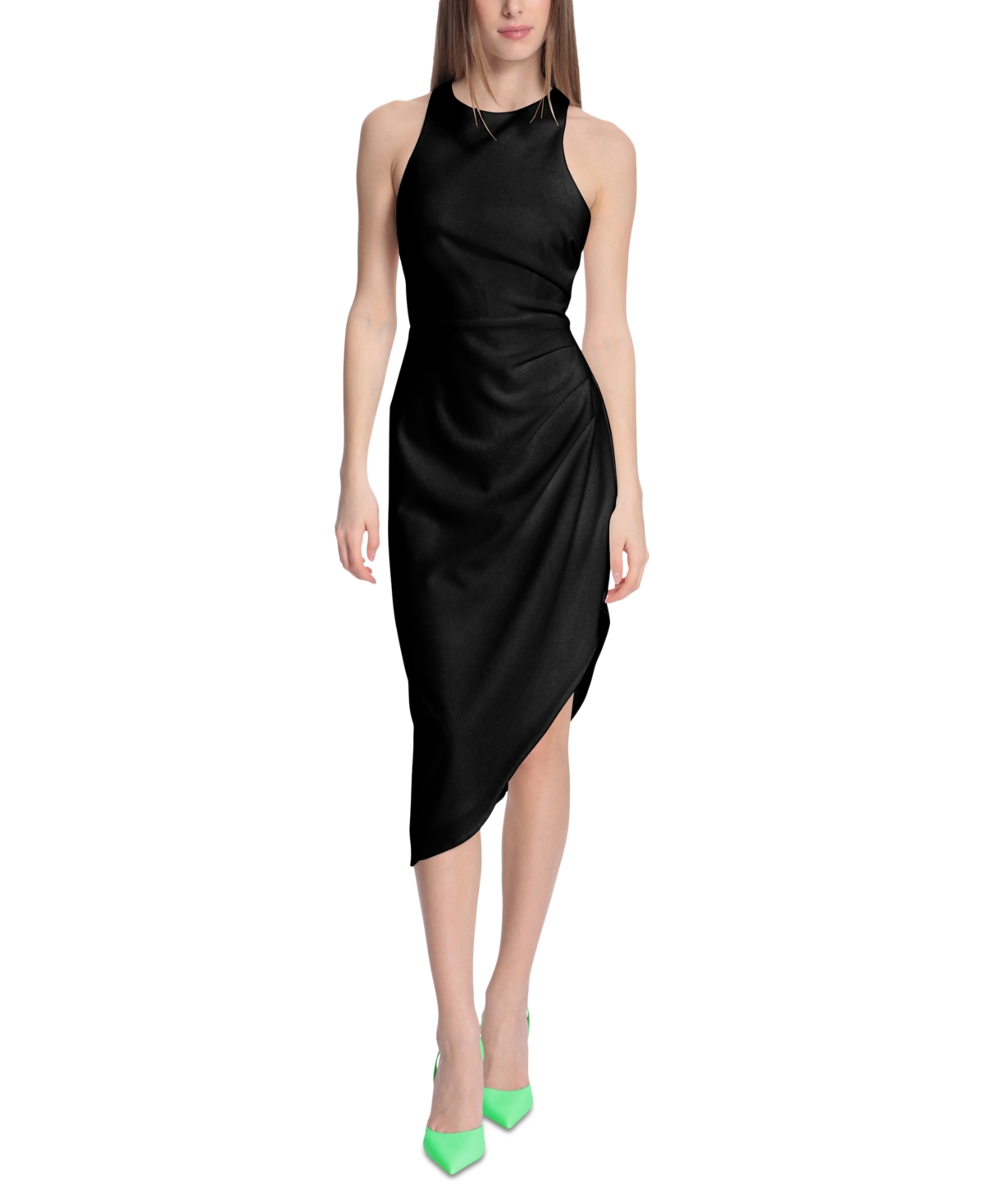 Women's Side-Ruched Asymmetric Midi Dress - Black