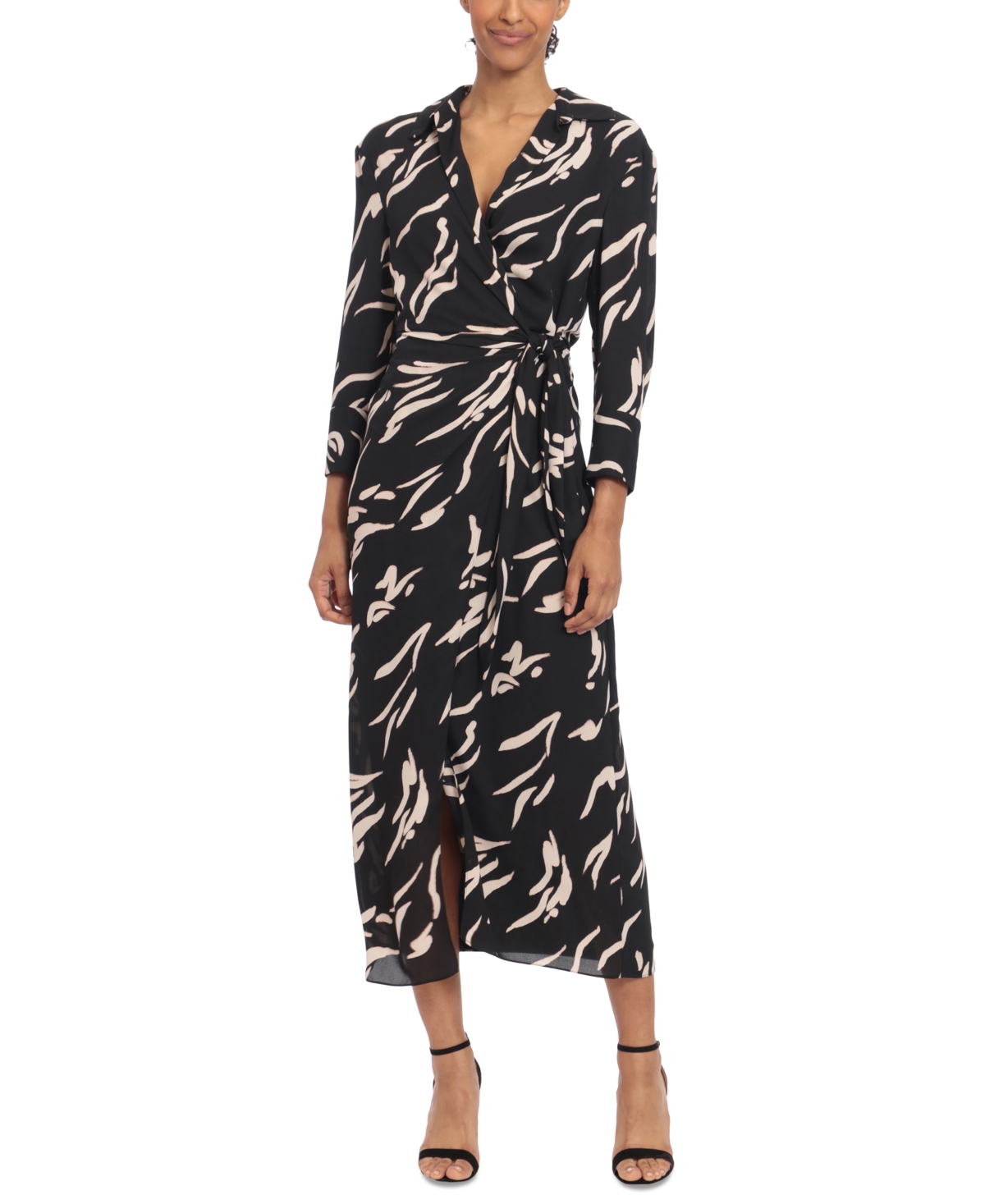 Women's Printed Collared Midi Wrap Dress - Black/blush