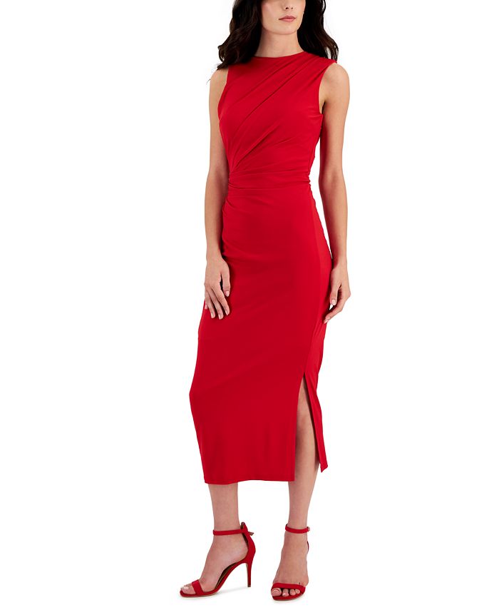 Best Behaviour Ruched Bodycon Midi Dress in Red