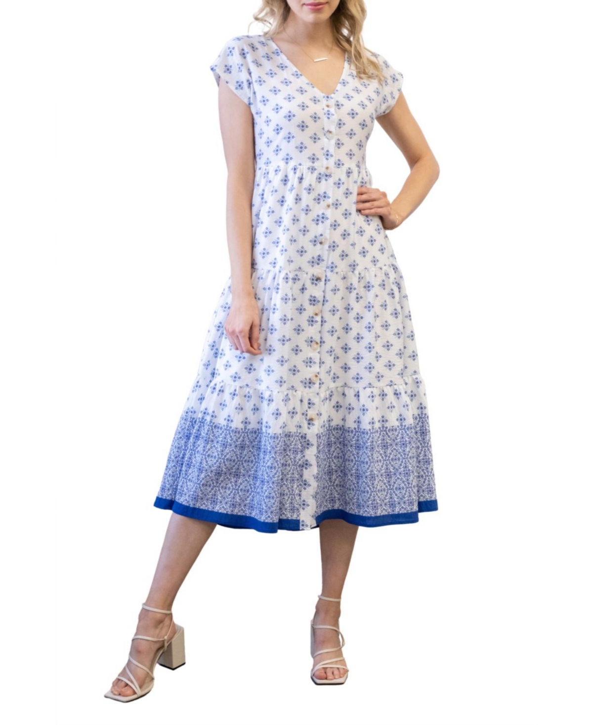 Blu Pepper Geo Print Button-up Midi Dress In Blue