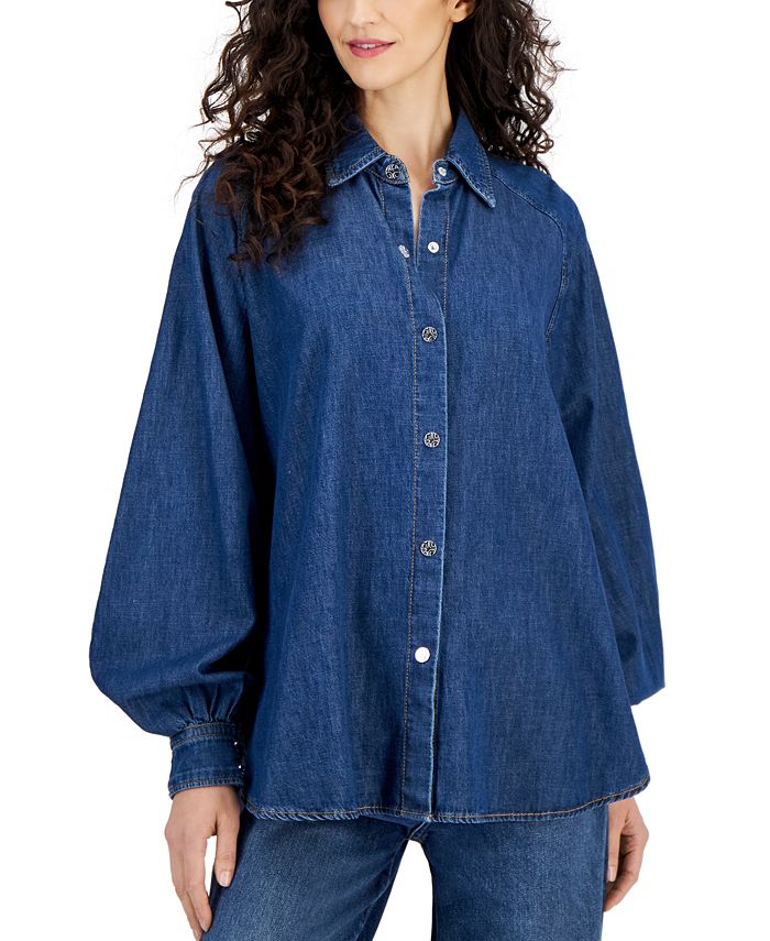 Color Block Button Up Balloon Sleeve Shirt
