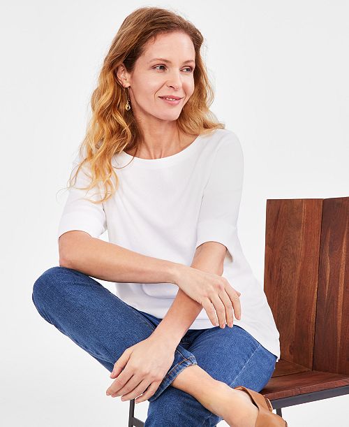 alfani Style & Co Women's Boat-Neck Elbow Sleeve Cotton Top Exclusively at Macy's Women's Fashion Shoes & Accessories