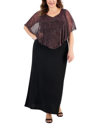 Connected - Plus Size Pleated Cape-Overlay Maxi Dress