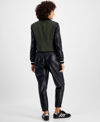 Avec Les Filles Women's Mixed-Media Cropped Varsity Blazer & Faux-Leather  Ankle-Zip Jogger Pants - Macy's