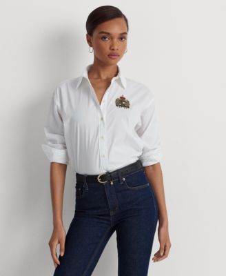 로렌 랄프로렌 Lauren Ralph Lauren Womens Beaded-Crest Stretch-Cotton Blend Shirt Regular and Petite