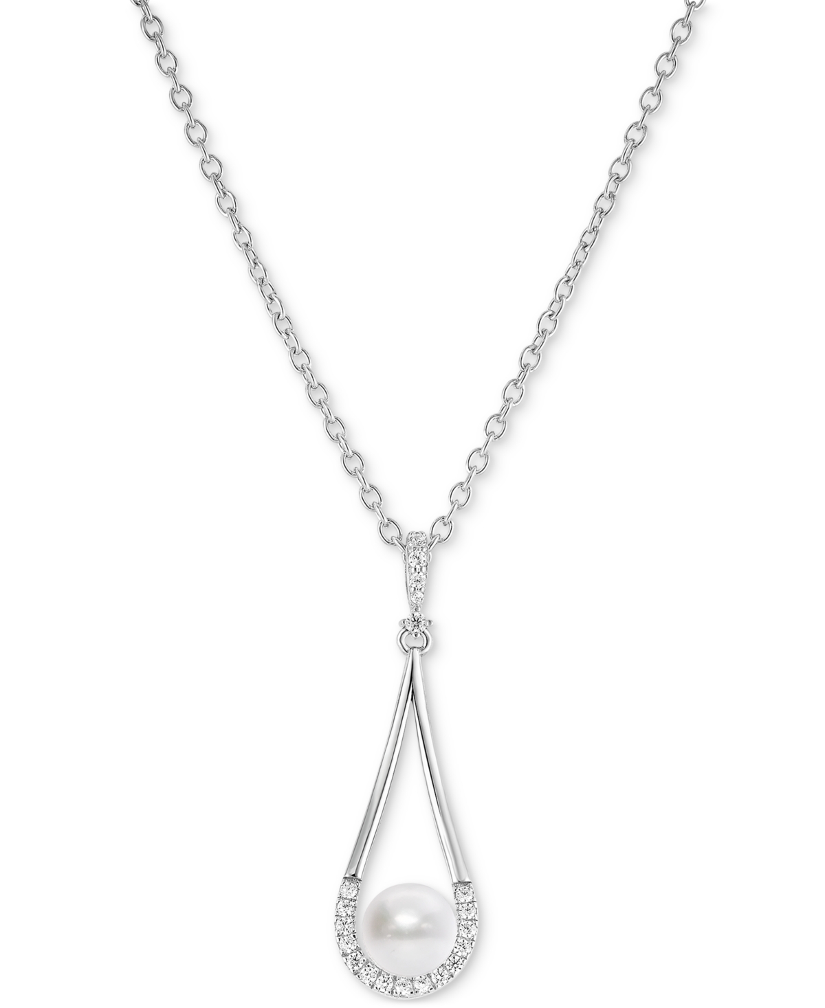 Macy's Freshwater Pearl (7mm) & Cubic Zirconia Open Teardrop 18" Pendant Necklace In Sterling Silver