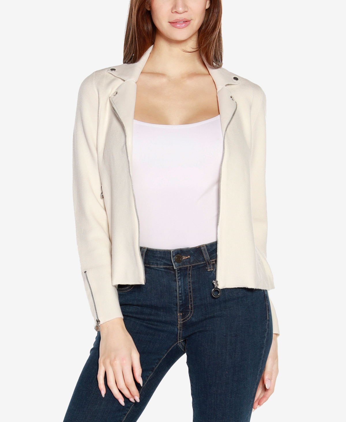 Belldini Black Label Women's Motorcycle Sweater Jacket - Winter White