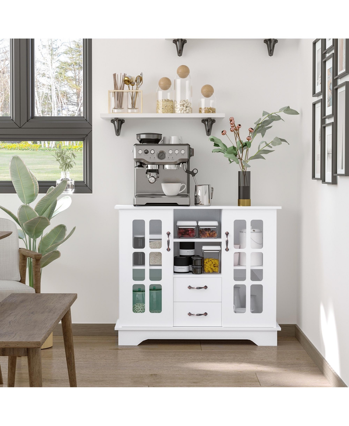 Homcom Sideboard Buffet Cabinet, Kitchen Cabinet, Coffee Bar Cabinet with 2 Framed Glass Doors, 2 Drawers and 2 Open Shelves for Living Room,