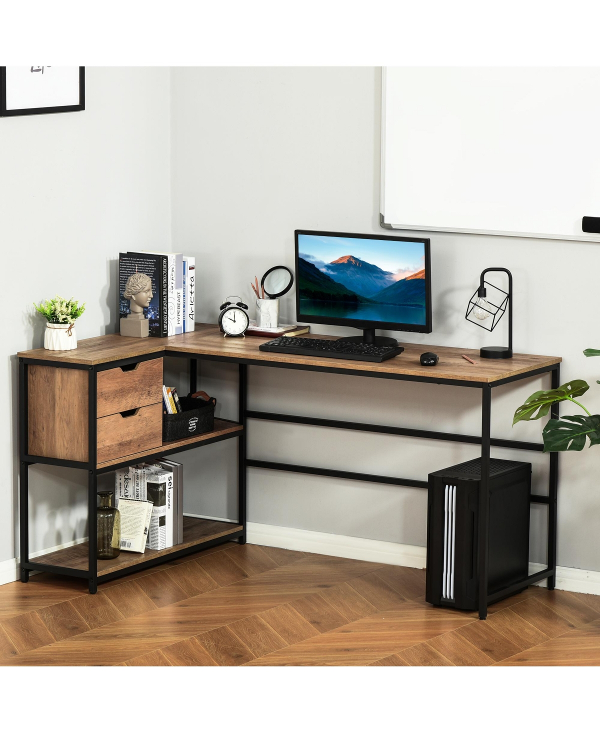 Homcom L-Shaped Home Office Computer Desk with Open Storage Shelves, Black- Brown