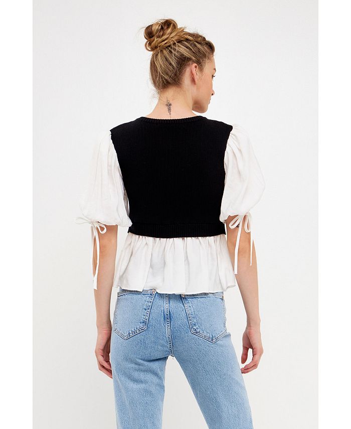 Mixed Media Knit + Chiffon Sleeve Top