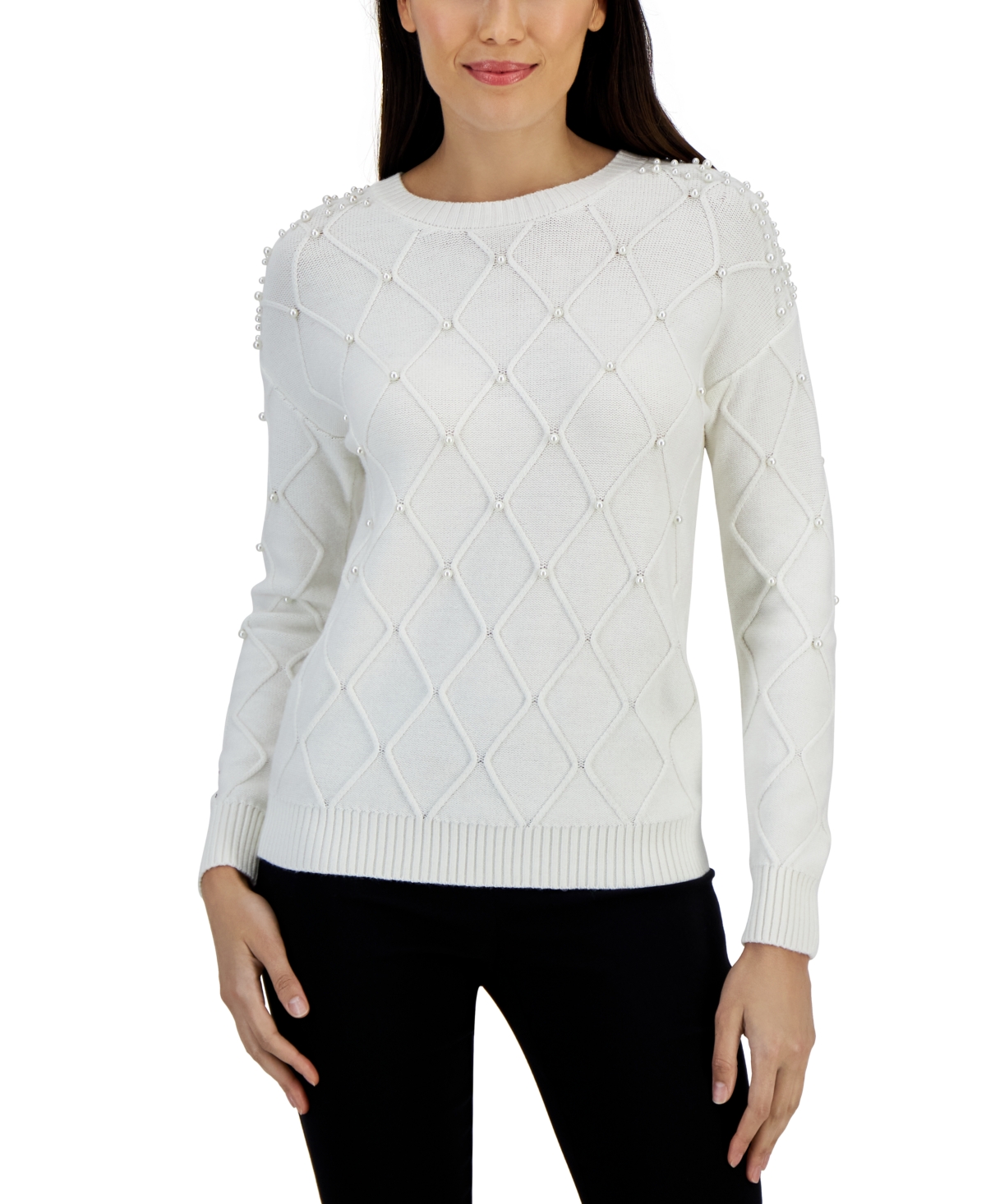 Jpr Studio Women's Imitation Pearl Diamond-stitch Crewneck Sweater In Ivory