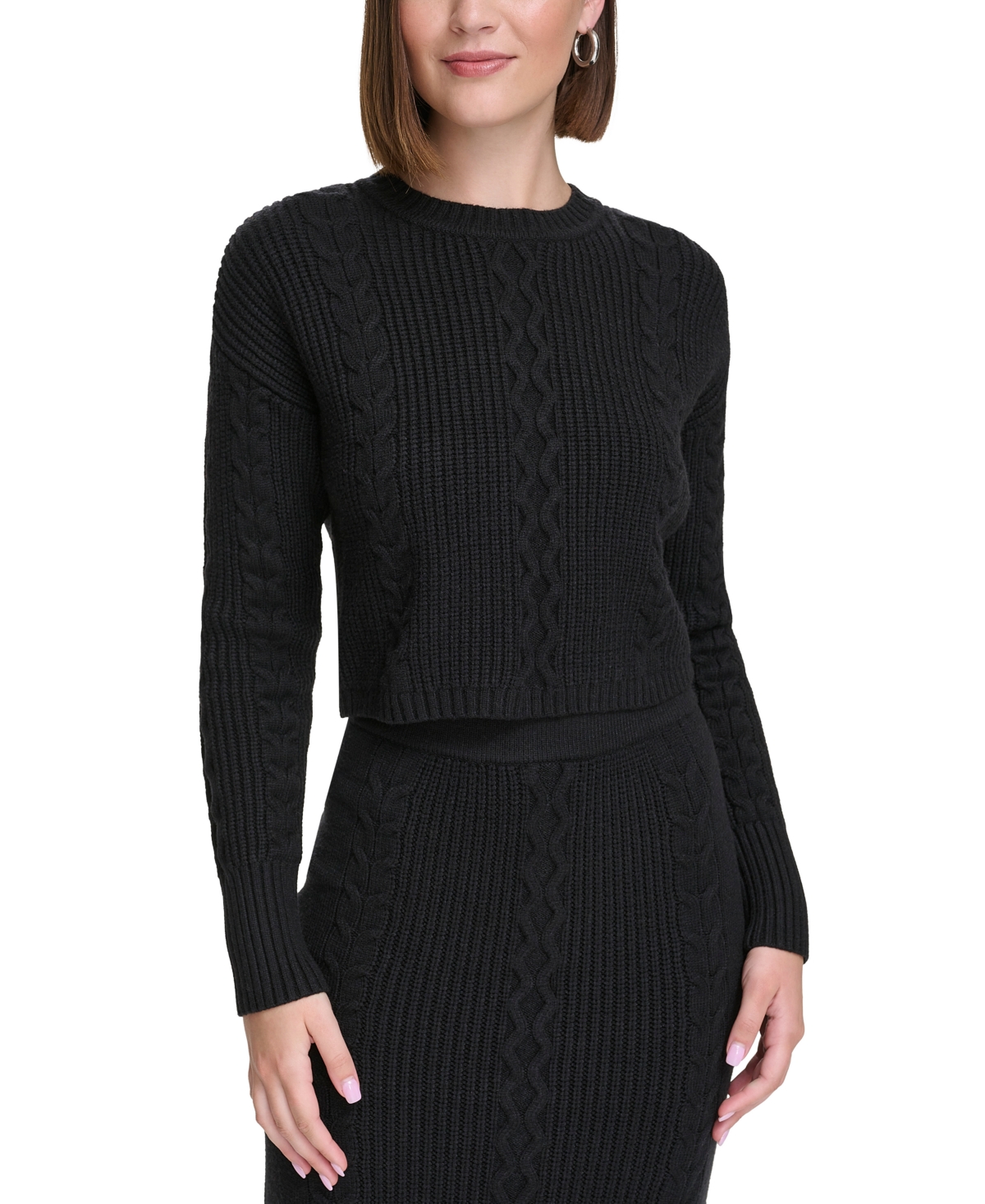 Women's Cropped Cable-Knit Crewneck Sweater - Black