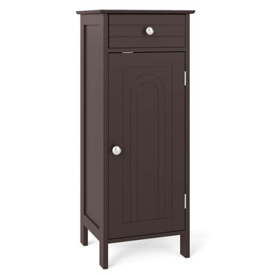 14'' x 12'' x 34.5'' (L x W x H). Bathroom Floor Cabinet Wooden Storage Organizer Free-Standing w/ Drawer & Shelf