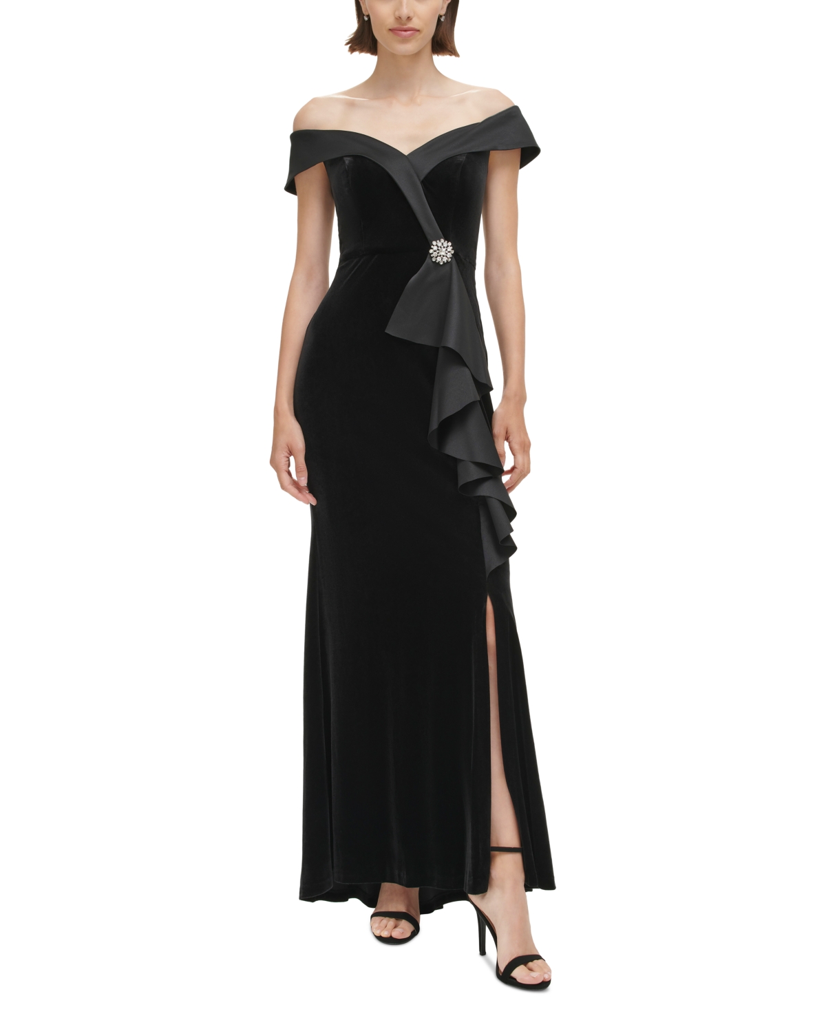 Jessica Howard Women's Satin-trimmed Velvet Off-the-shoulder Gown In Black