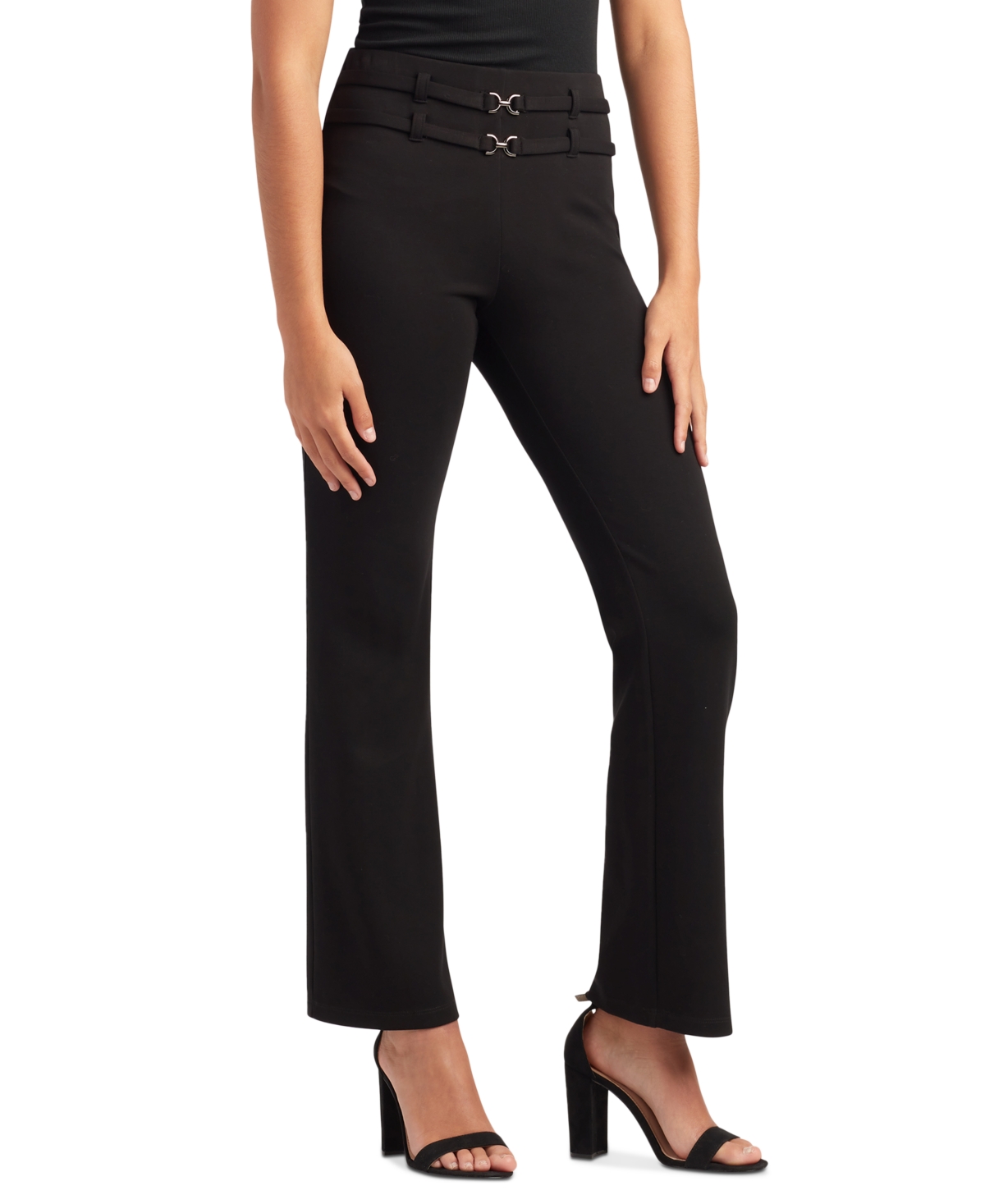 Bcx Juniors' Double-belted Ponte-knit Flare Pants In Black