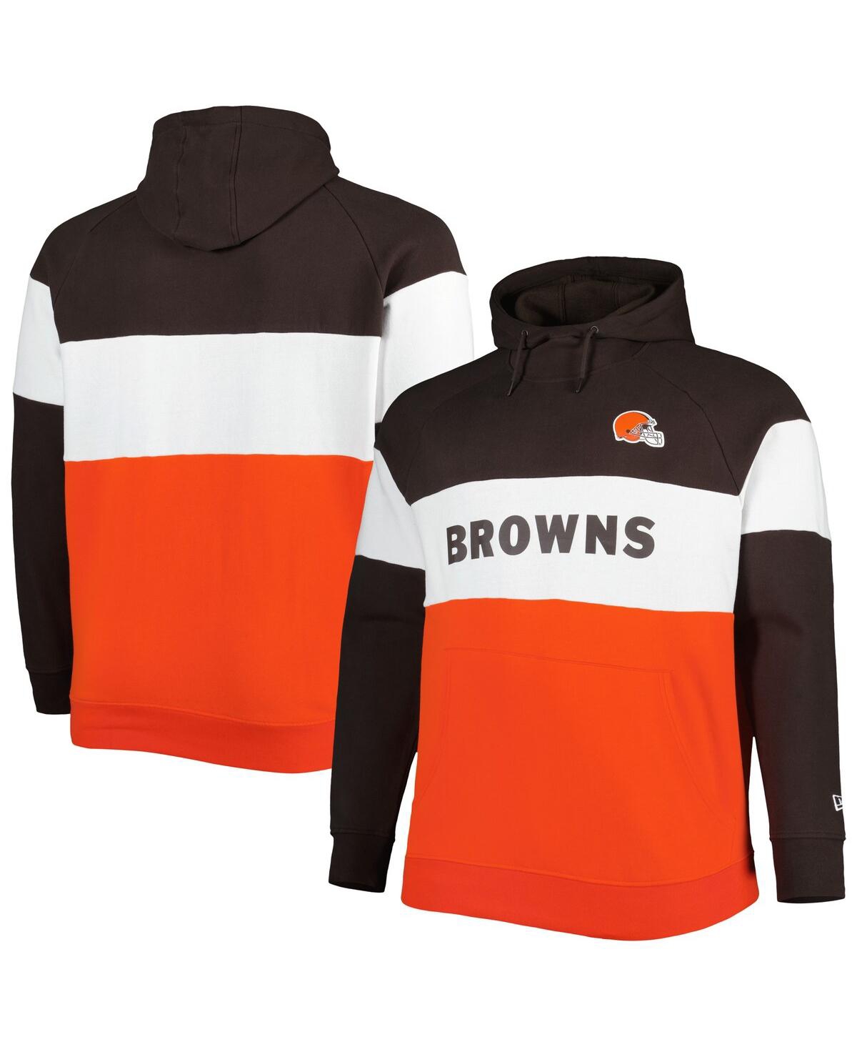New Era Men's  Brown, Orange Cleveland Browns Big And Tall Current Team Colorblock Fleece Raglan Pull In Brown,orange