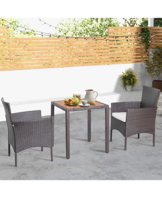 3PCS Patio Wicker Dining Set Acacia Wood Table Top with Cushioned Chairs Garden