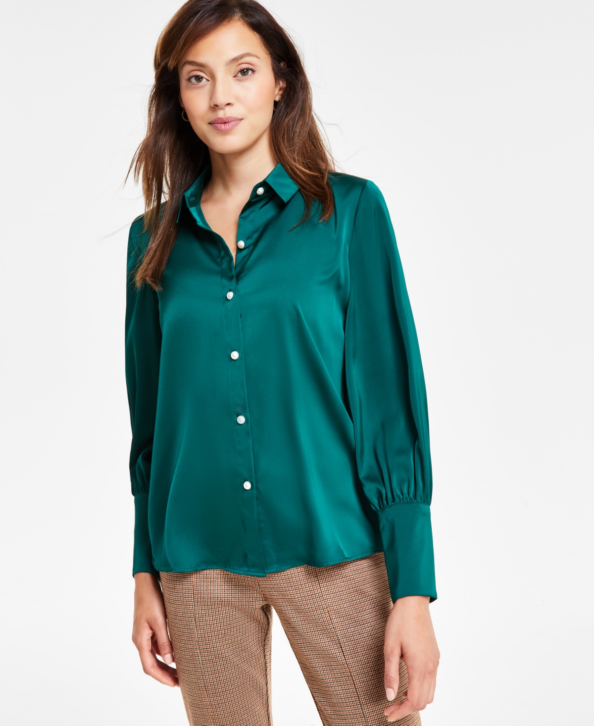 Women's Luxe Satin Imitation Pearl Button Down Blouse - Rich Cabernet