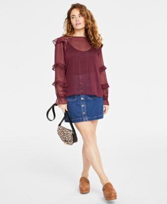 On 34th - Women's Crewneck Sheer Ruffle-Trim Top