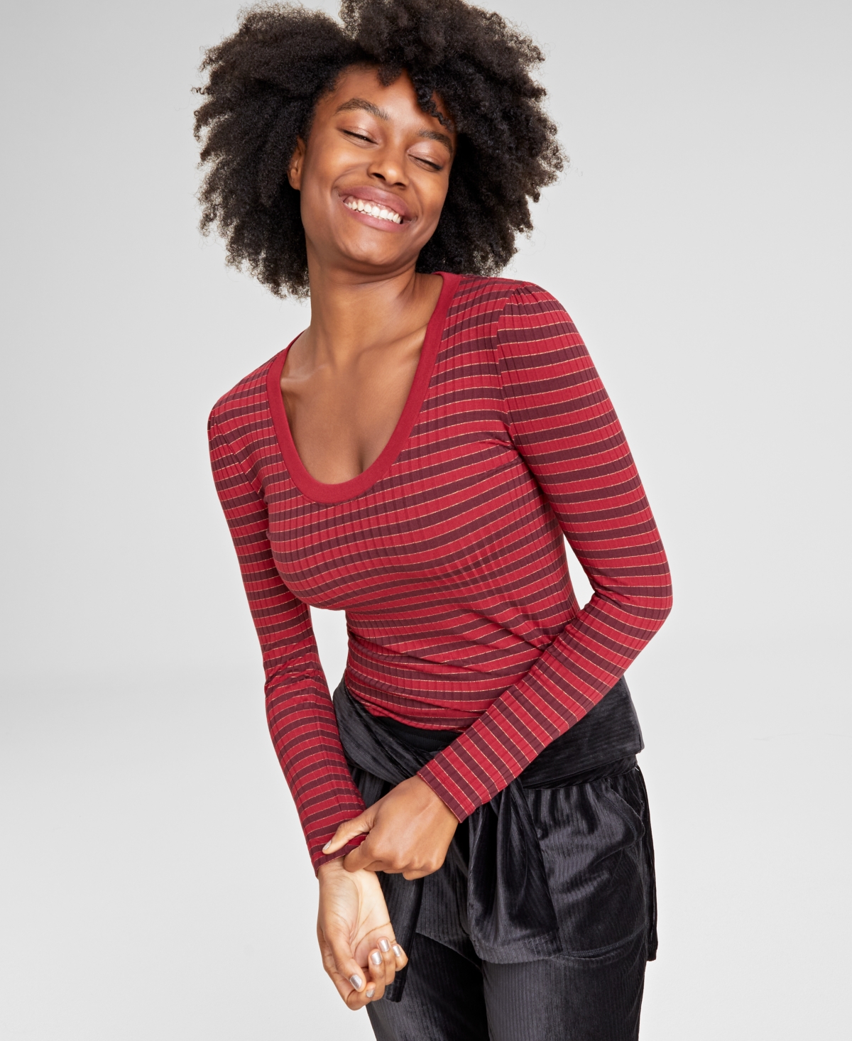 On 34th Women's Metallic Stripe Scoop-Neck T-Shirt, Created for Macy's -rhubarb Combo