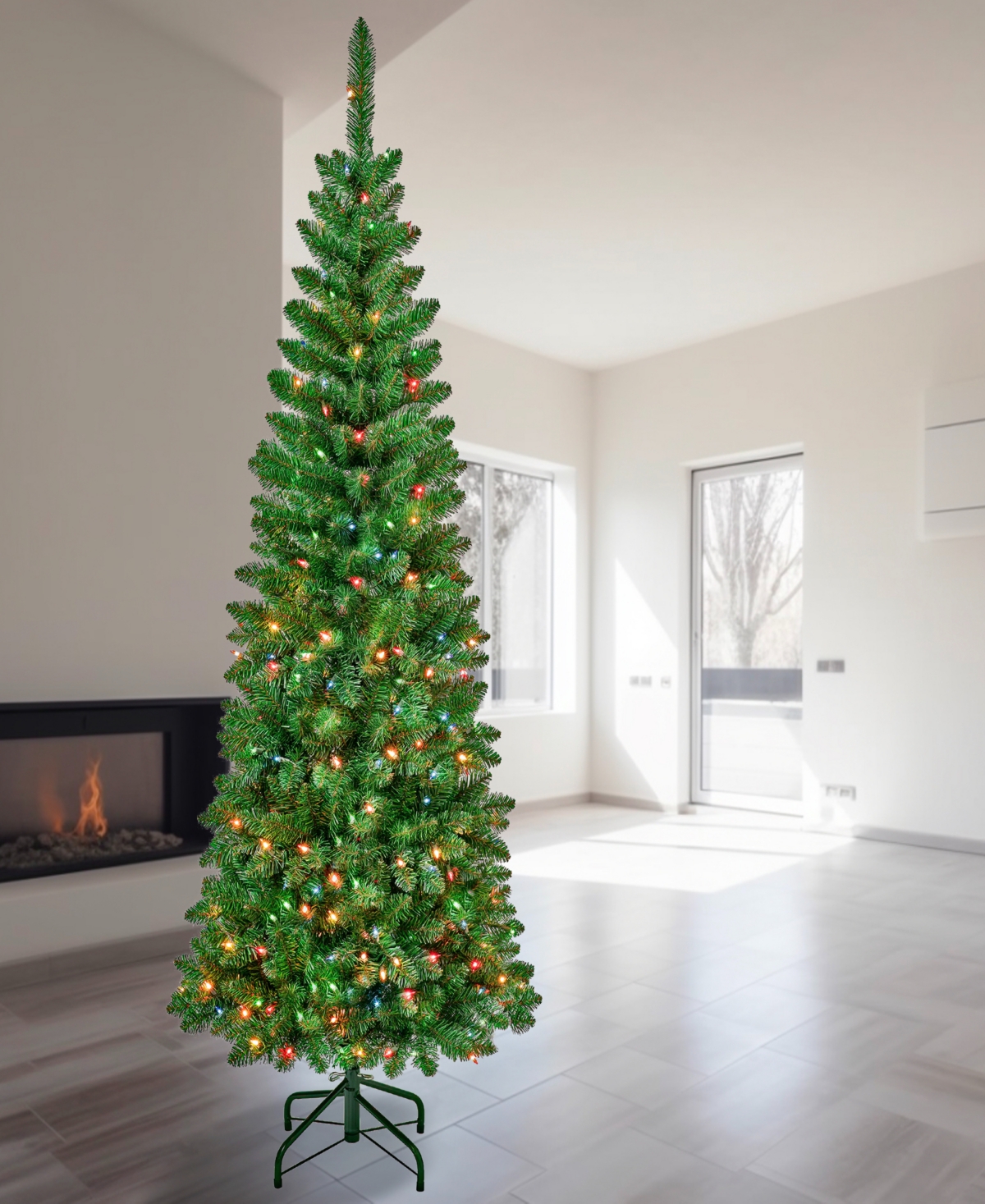 National Tree Company First Traditions 6' Rowan Pencil Slim Tree With Multicolor Lights In Green