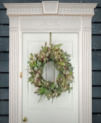 First Traditions Collection, 30" Artificial North Conway Wreath with Glittery Cones and Eucalyptus, 100 Warm White LED Lights