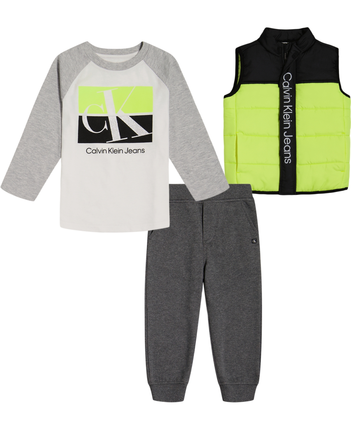 Calvin Klein Kids' Little Boys Raglan Sleeve Logo T-shirt, Colorblock Puffer Vest And Fleece Joggers, 3 Piece Set In Lime