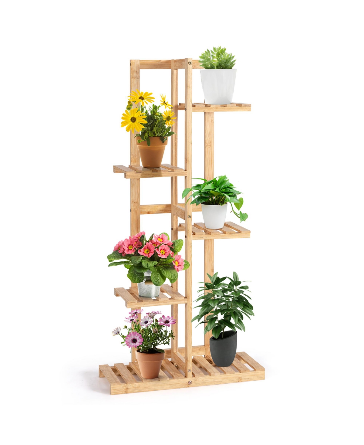 5 Tier 6 Potted Plant Stand Rack Bamboo Display Shelf for Patio Yard - Natural