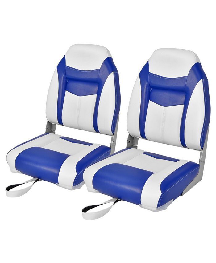 Costway High Back Folding Boat Seats w/ Blue White Sponge Cushion &  Flexible Hinges