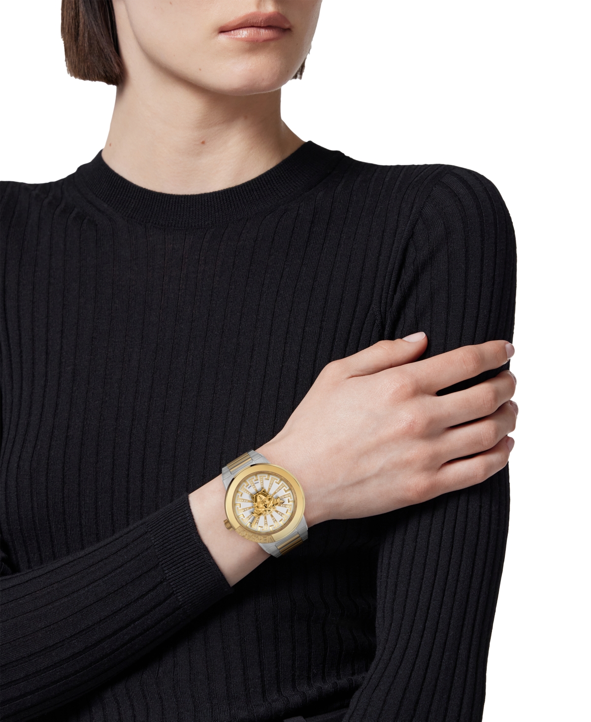 Shop Versace Women's Swiss Medusa Infinite Diamond (1/6 Ct. T.w.) Two-tone Stainless Steel Bracelet Watch 38mm In Two Tone