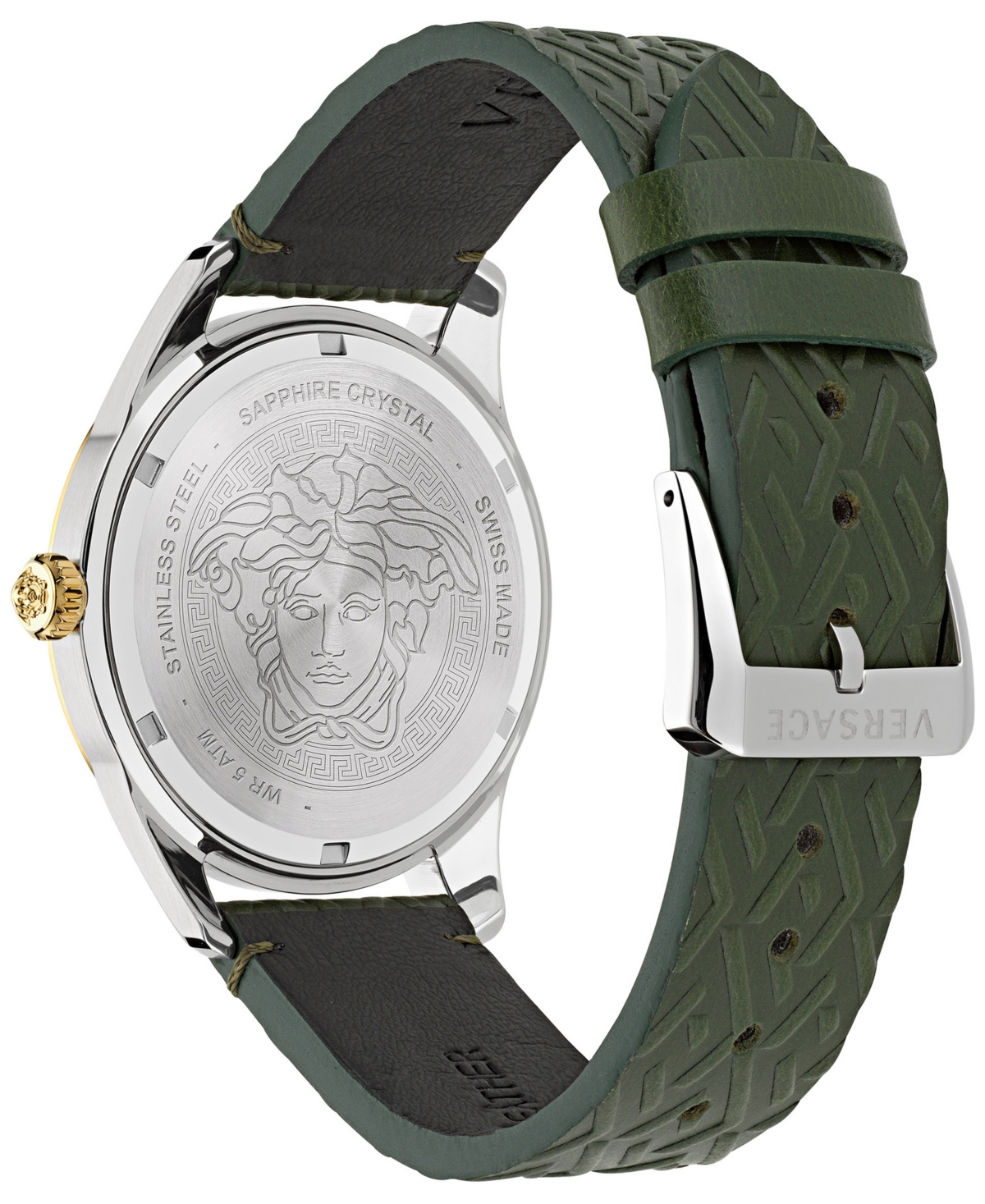 Shop Versace Men's Swiss Greca Time Gmt Green Leather Strap Watch 41mm In Two Tone