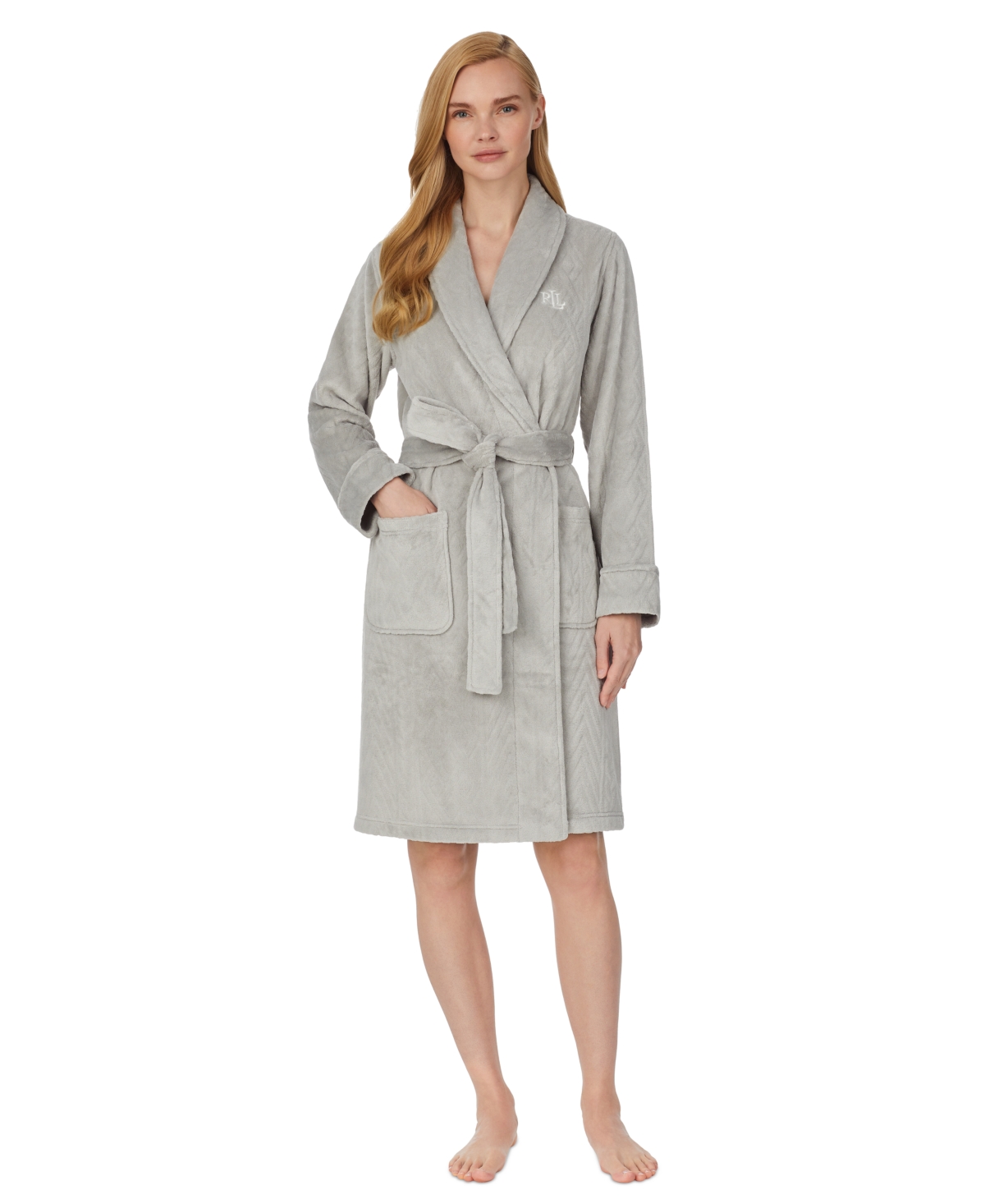 Shop Lauren Ralph Lauren Women's Long-sleeve Shawl Collar Plush Robe In Grey