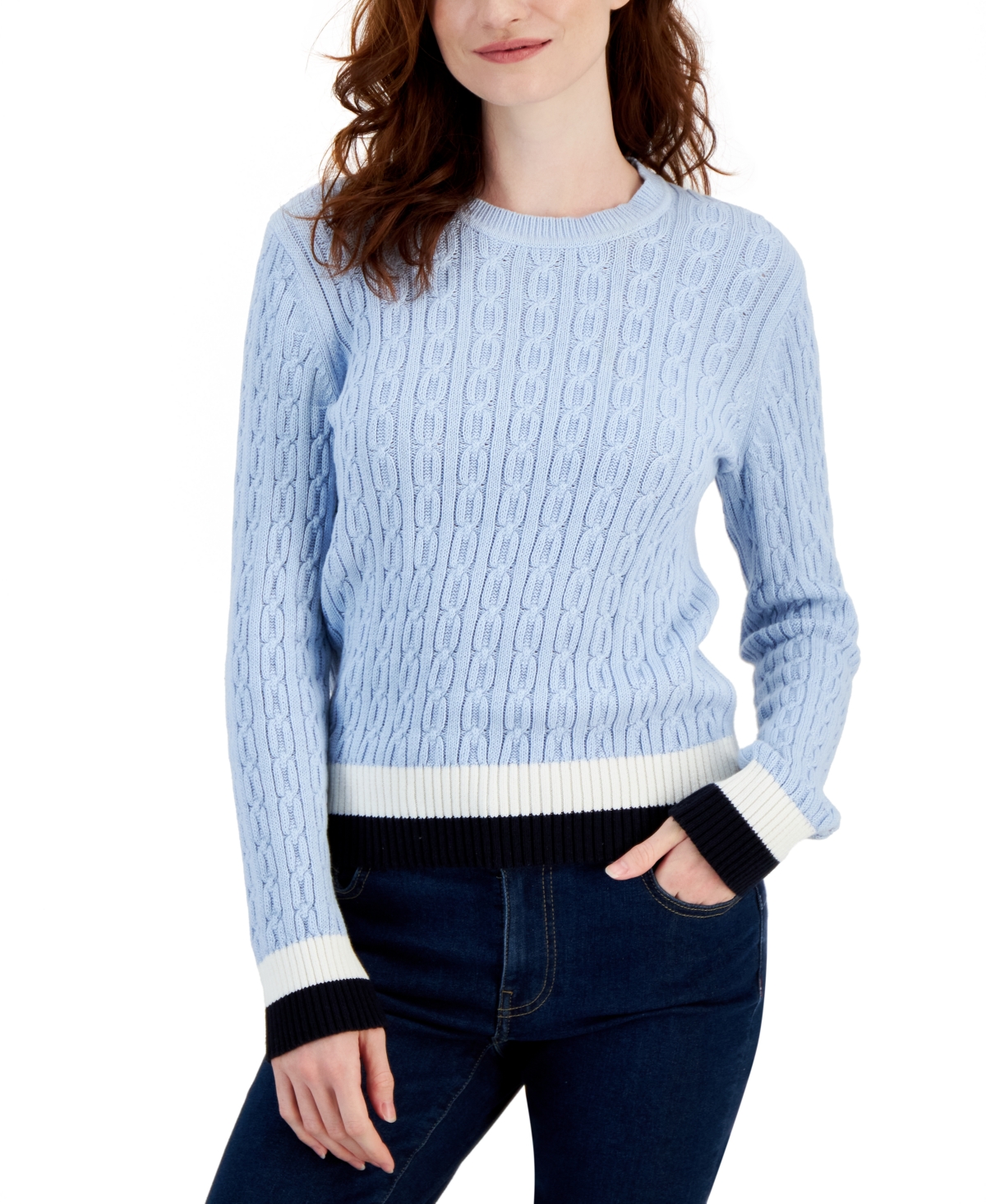 Hilfiger Women's Cable-knit Colorblocked Sweater In Sky,ivory,sky Captain | ModeSens