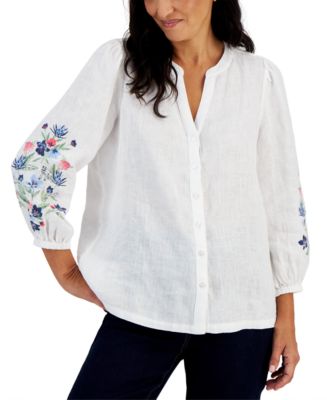 売れ筋商品|||チャータークラブ カットソー トップス レディース Petite Linen Printed Roll-Tab-Sleeve Blouse, Exclusively at Macy's Bright White Charter Club Petite Linen Printed Roll-Tab-Sleeve Blouse