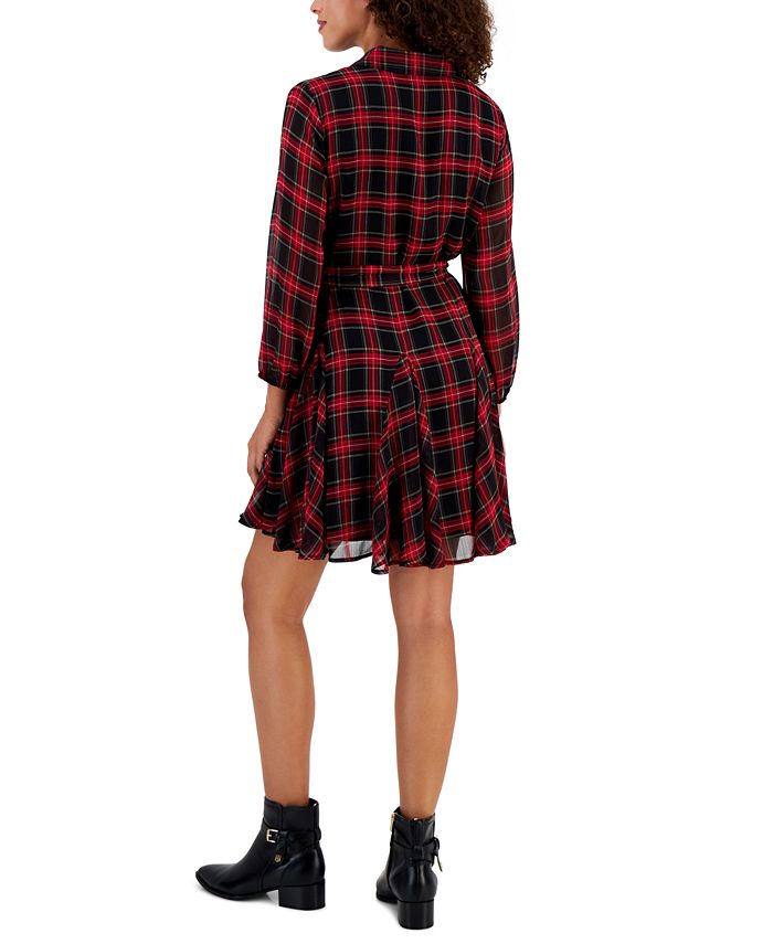 Thomson Dress Blue Tartan Women's Lapel Shirt Dress With Long Sleeve