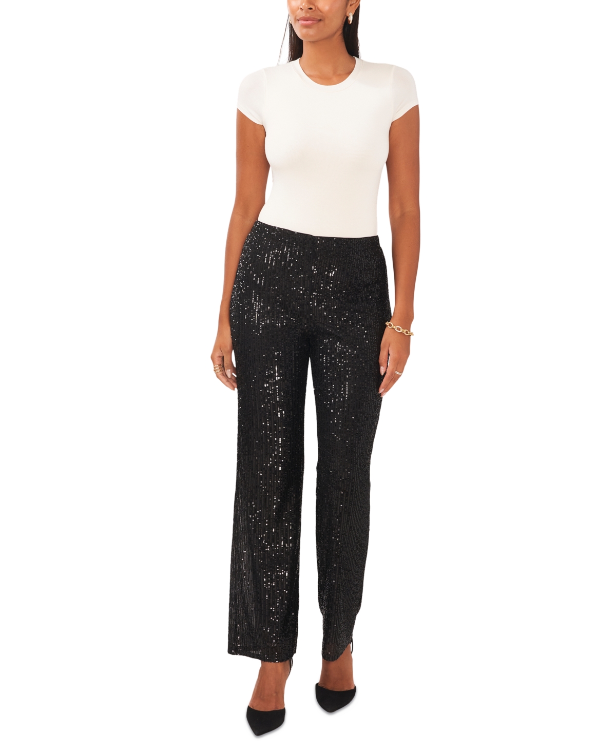 Msk Petite Sequined Mesh Pull-on Palazzo Pants In Black