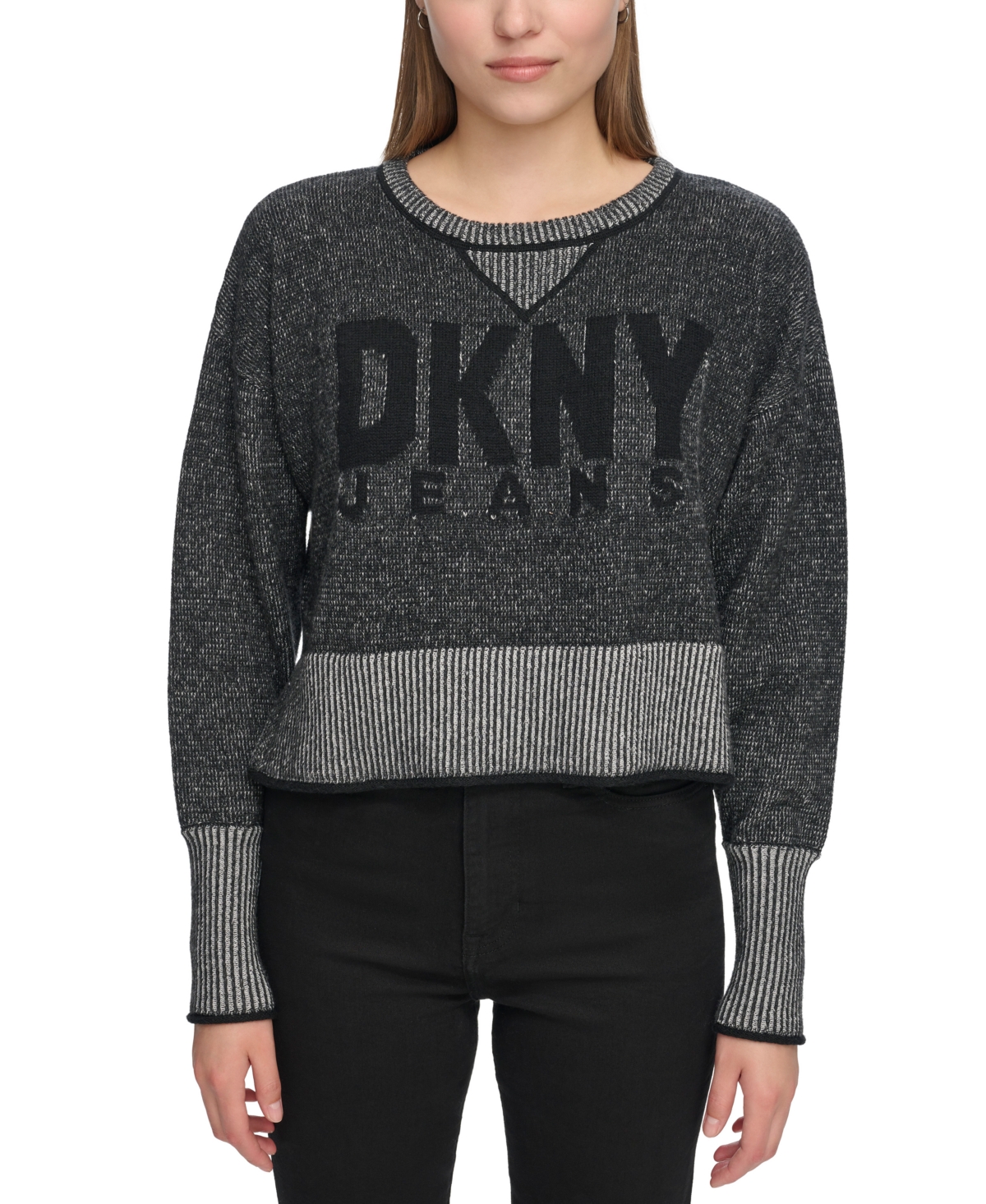 Dkny Jeans Women's Crewneck Long-sleeve Logo Sweater In Black,ivory