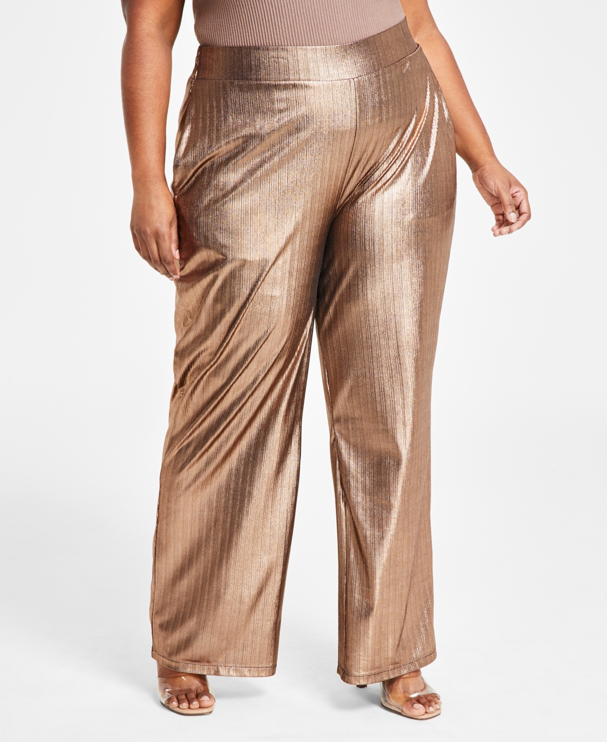 Nina Parker Trendy Plus Size Metallic Wide-leg Pants In Champagne
