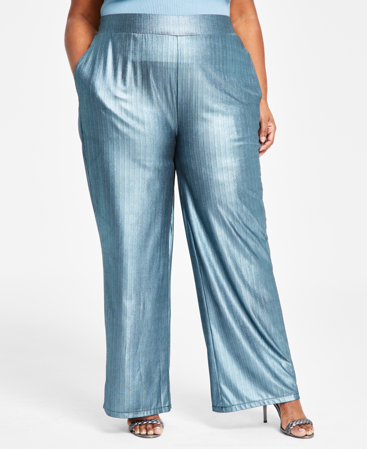Nina Parker Trendy Plus Size Metallic Wide-leg Pants In Ice Blue