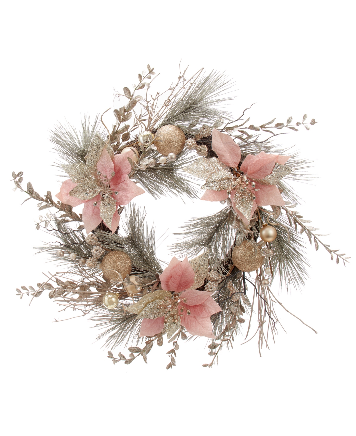 20" Wreath with Pink Poinsettias and Ornaments - Gold