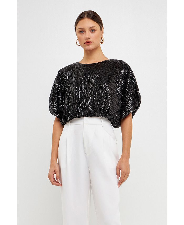 endless rose Women's Sequins Cropped Puff Top Macy's