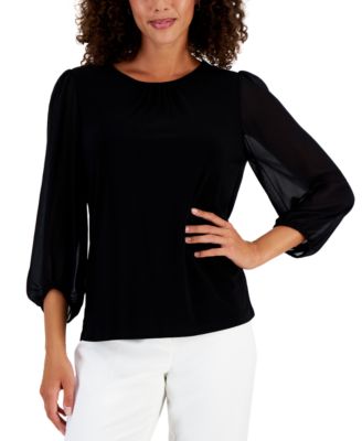 Kasper - Petite Crewneck Chiffon-Sleeve Knit Top