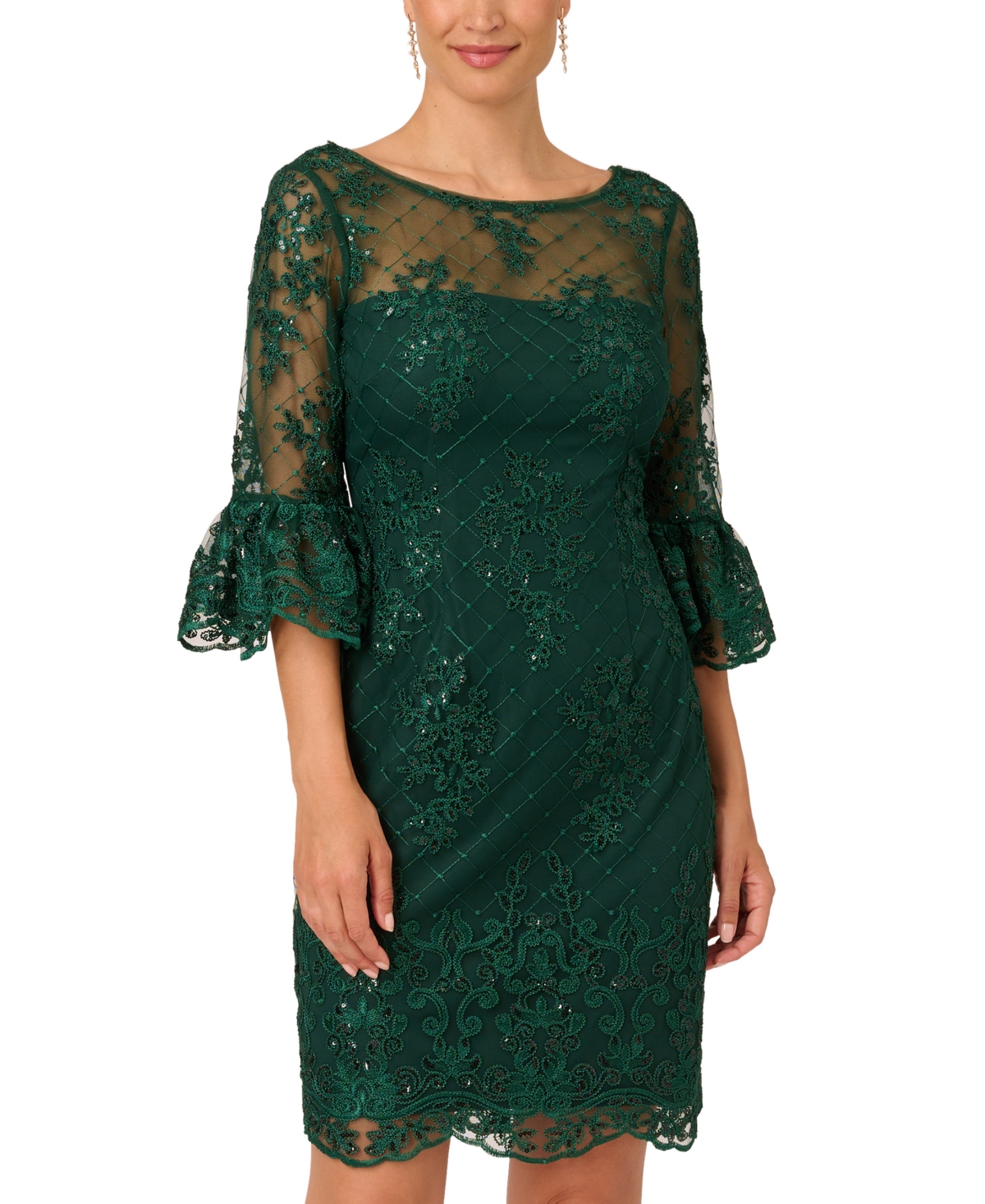 Adrianna Papell Women's Embroidered Bell-sleeve Dress In Deep Forest