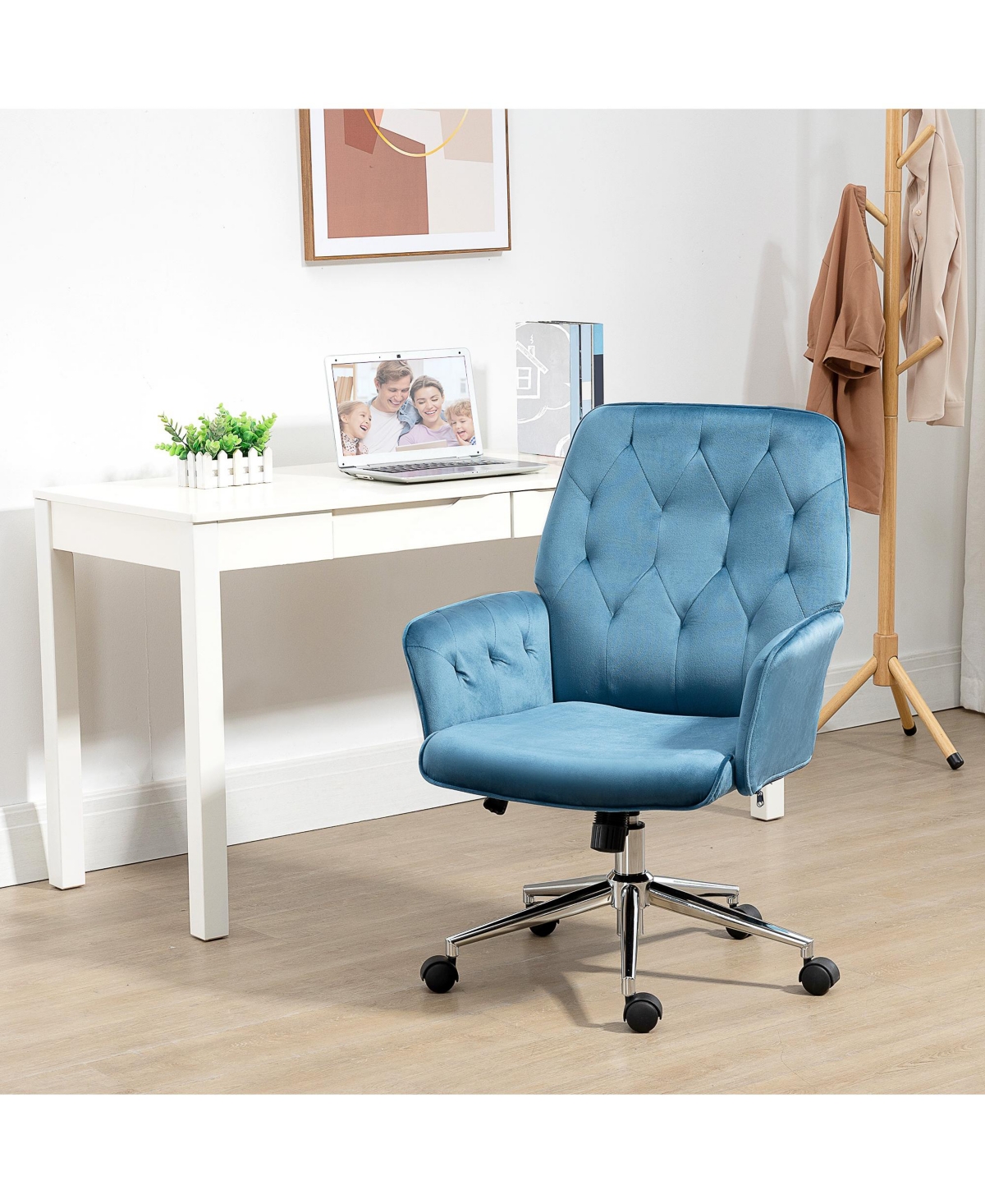 Vinsetto Modern Mid-Back Tufted Velvet Home Office Desk Chair with Adjustable Height, Swivel Adjustable Task Chair with Padded Armrests,- Blue